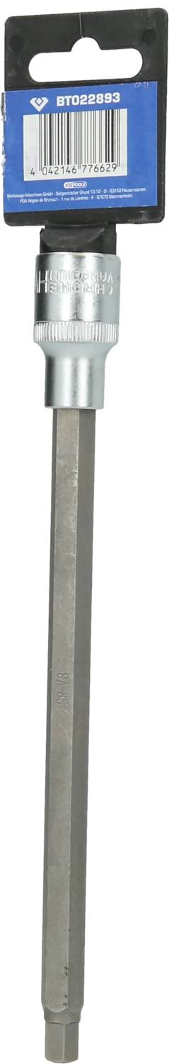 Allen key in a tool holder, sharp grey metal with a black plastic handle and label, presented upright.