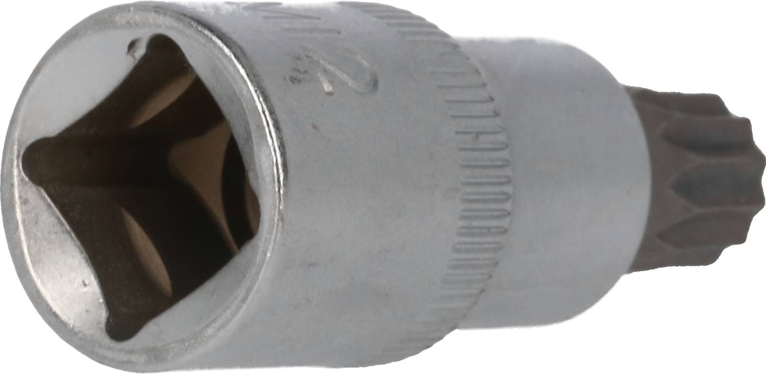 Close-up of a metallic Torx bit attachment used for screw work.