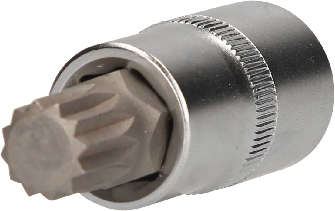 A silver multi-tooth socket extension that is used for tightening or loosening screws with a multi-tooth profile.