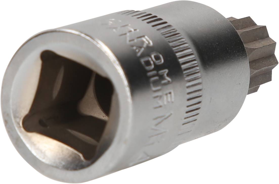 Metal socket extension with external Torx profile, elongated, silver, used for screw fastening in mechanical applications.