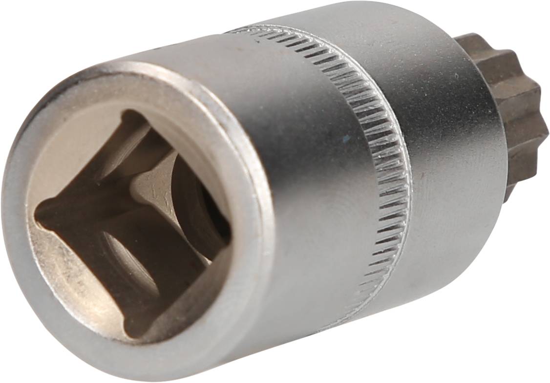 Socket with knurled edge, cylindrical, made of metal; used for screw work in conjunction with a torque wrench or ratchet.