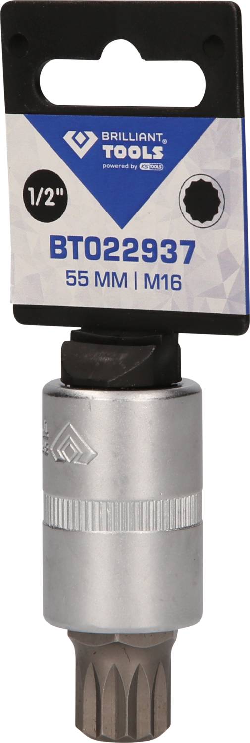 Brilliant Tools Socket Insert, BT022937, Size 55 mm, M16, with 1/2 inch Drive. Packaged on a black hanger.