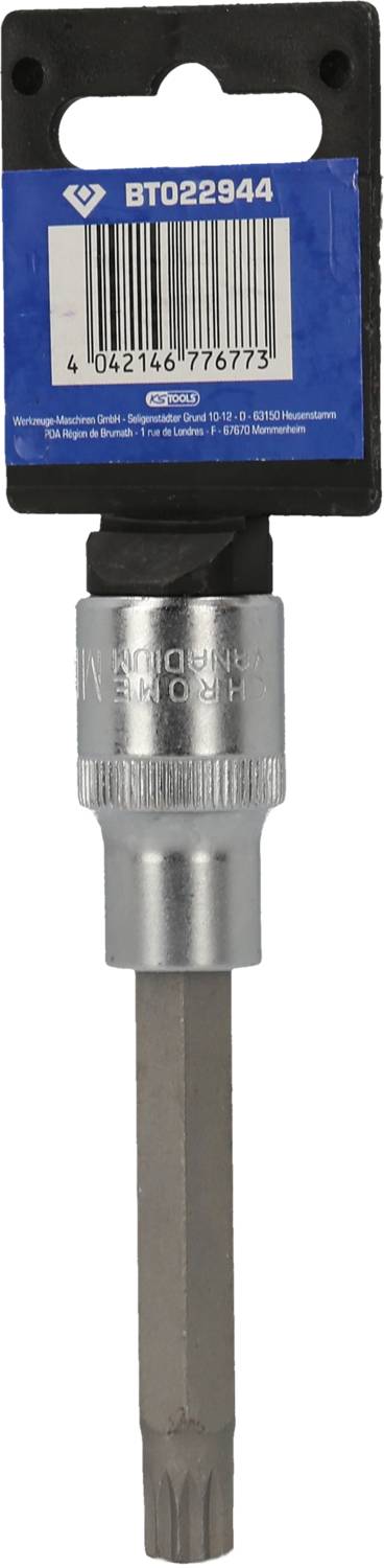 A silver Torx screw fastener with a black handle and blue mounting bracket.