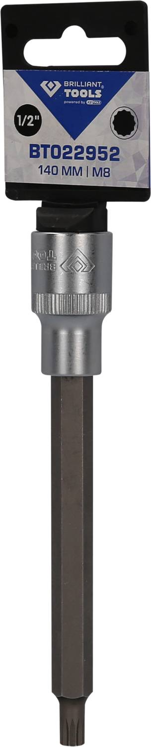 Screwdriver bit by Brilliant Tools, model number BT022952, 140 mm length, Torx size M8, in silver metal with packaging label.