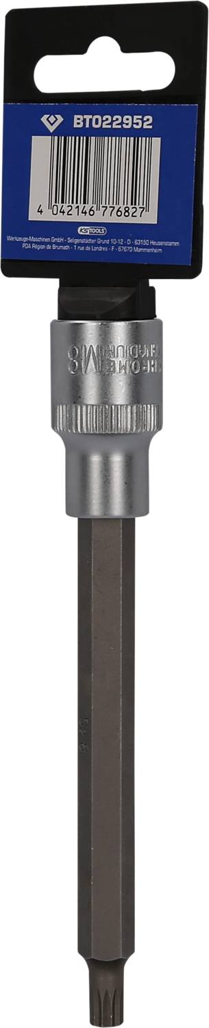 A long screwdriver bit with a Torx connection on a dark background. Above it, a blue box with a barcode and the number 'BT022952'.