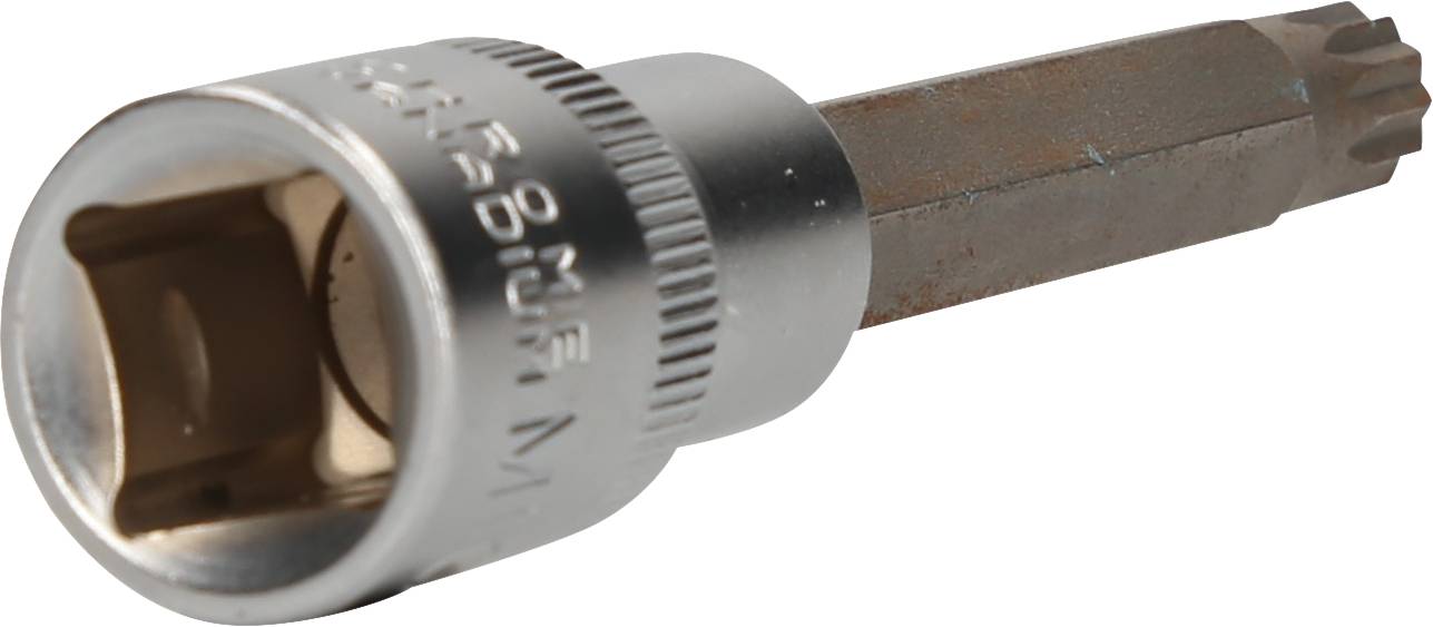 A silver star-shaped socket spanner. It is used for work on vehicles or machinery.