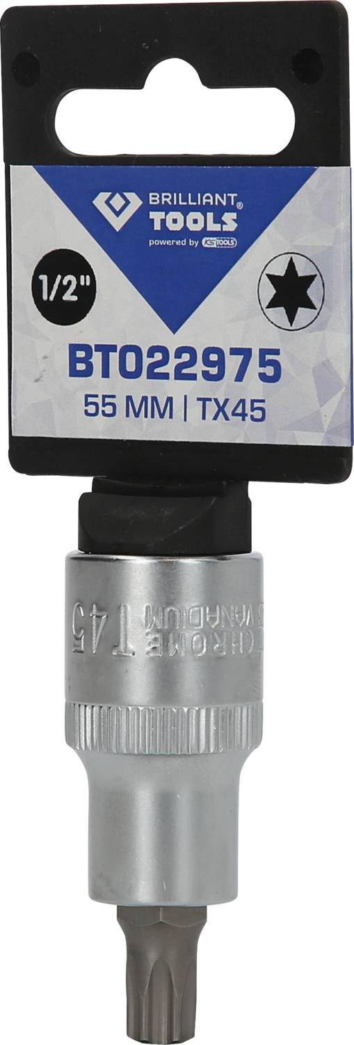'Brilliant Tools' 1/2" Socket Bit with Model Number BT022975, 55 mm Length, Torx TX45.