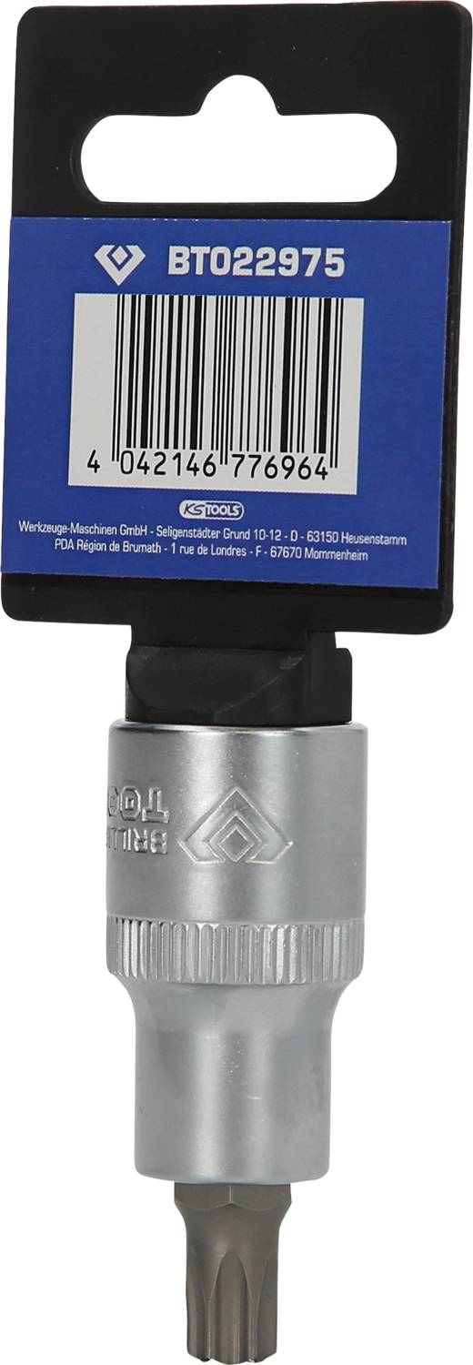 A silver-coloured screwdriver adapter in a blue package. A barcode and the number 'BT022975' are visible at the top.