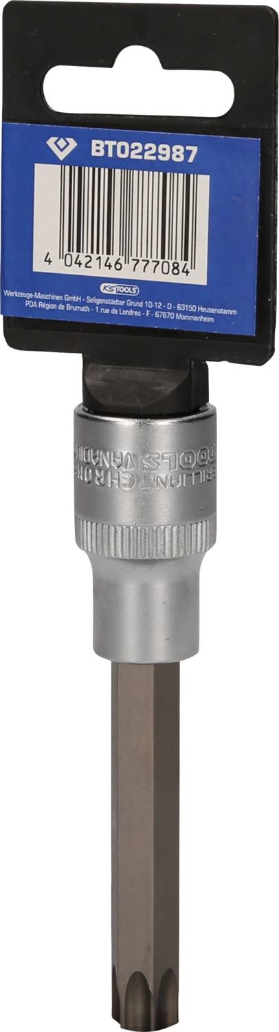 A silver bit attachment with a hexagonal tip, secured to a blue packaging card labelled 'BT022987'.