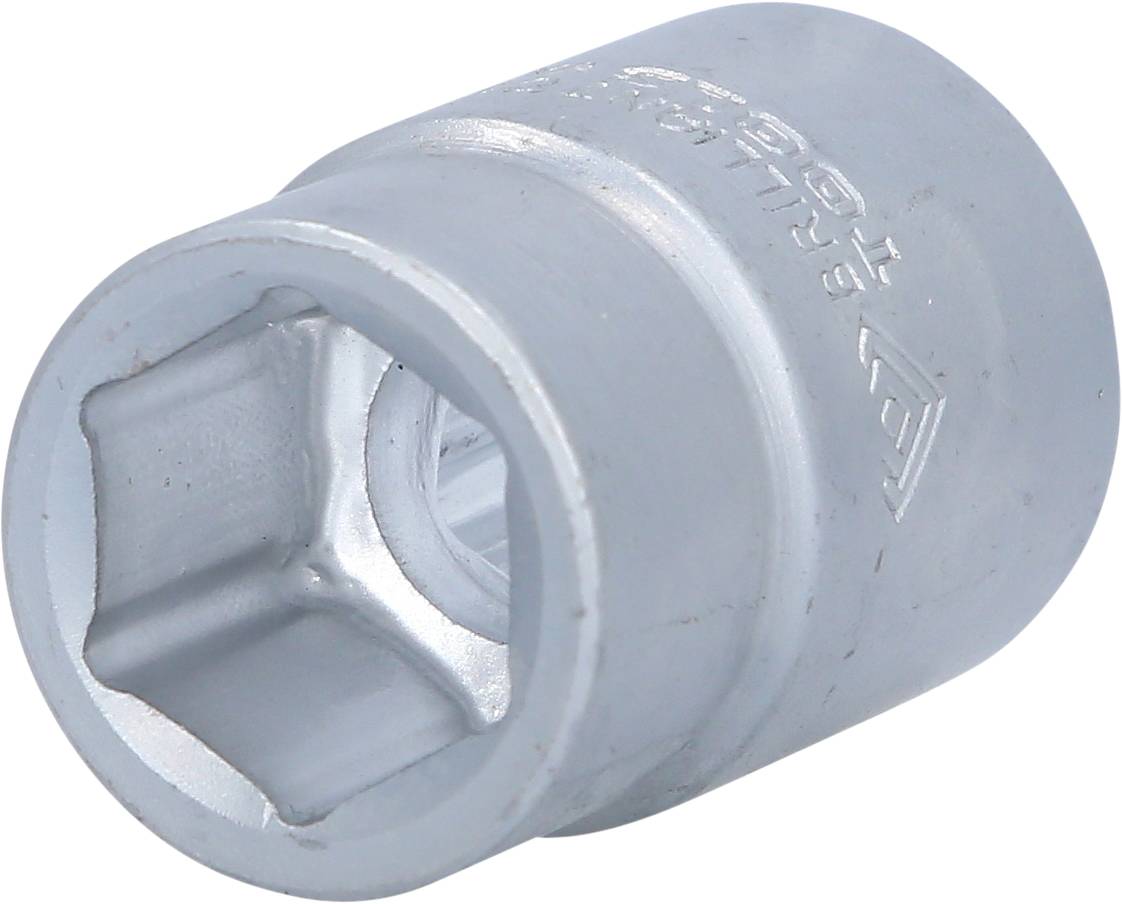 Metallic socket attachment with a hexagonal opening, silver-coloured. Used for screws or nuts of varying sizes.