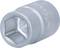Metallic socket attachment with a hexagonal opening, silver-coloured. Used for screws or nuts of varying sizes.