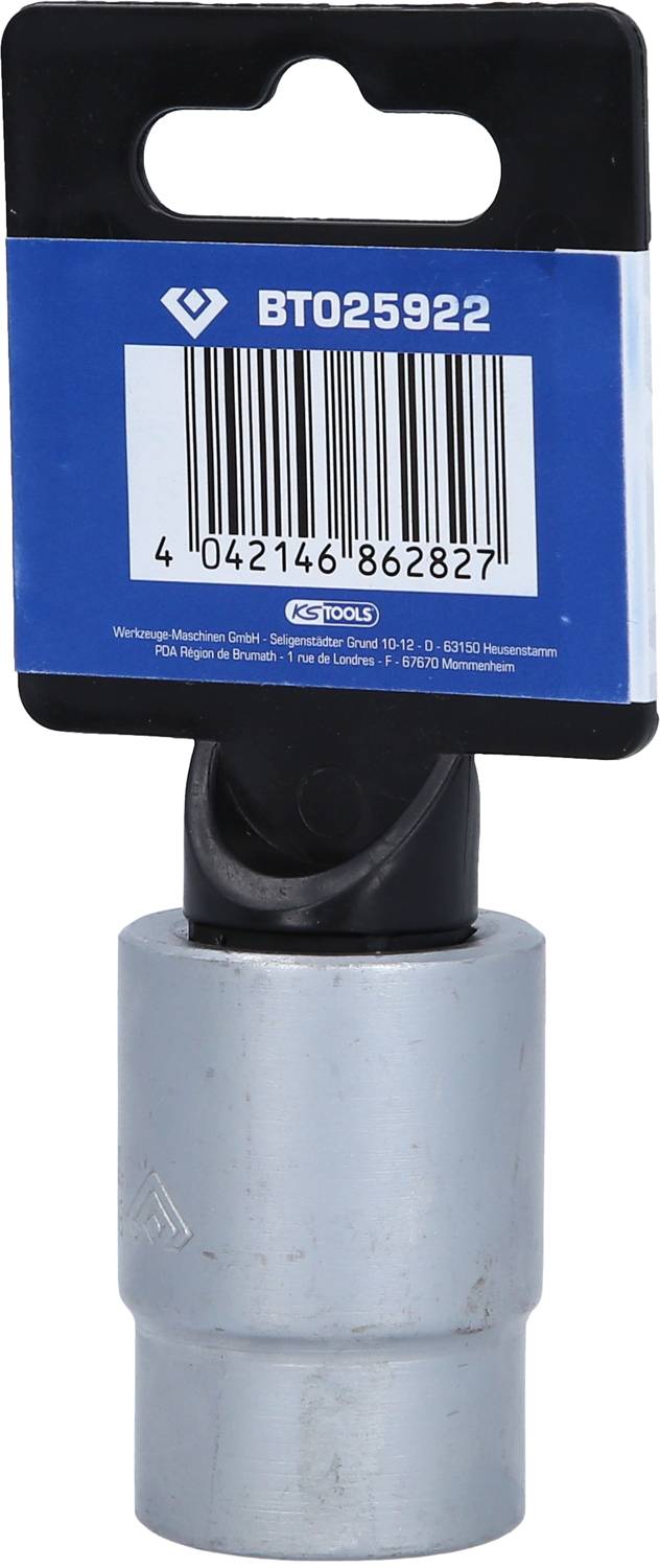 'Silver socket key insert with black joint and packaging label with barcode and article number BT025922.'