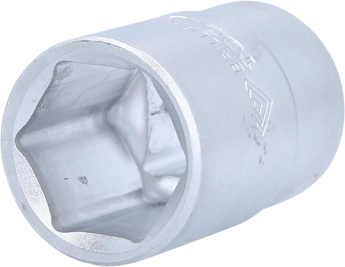 Metal hexagonal socket wrench, silver-coloured, used for screw work on vehicles and machinery.