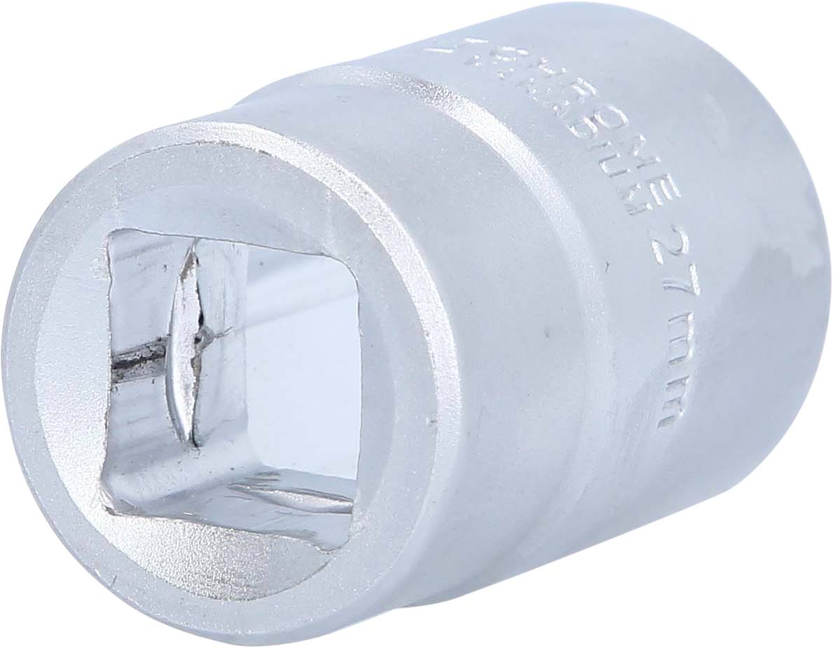 Metal socket with square opening, marked on the side with '27 mm', for use with ratchets or spanners.