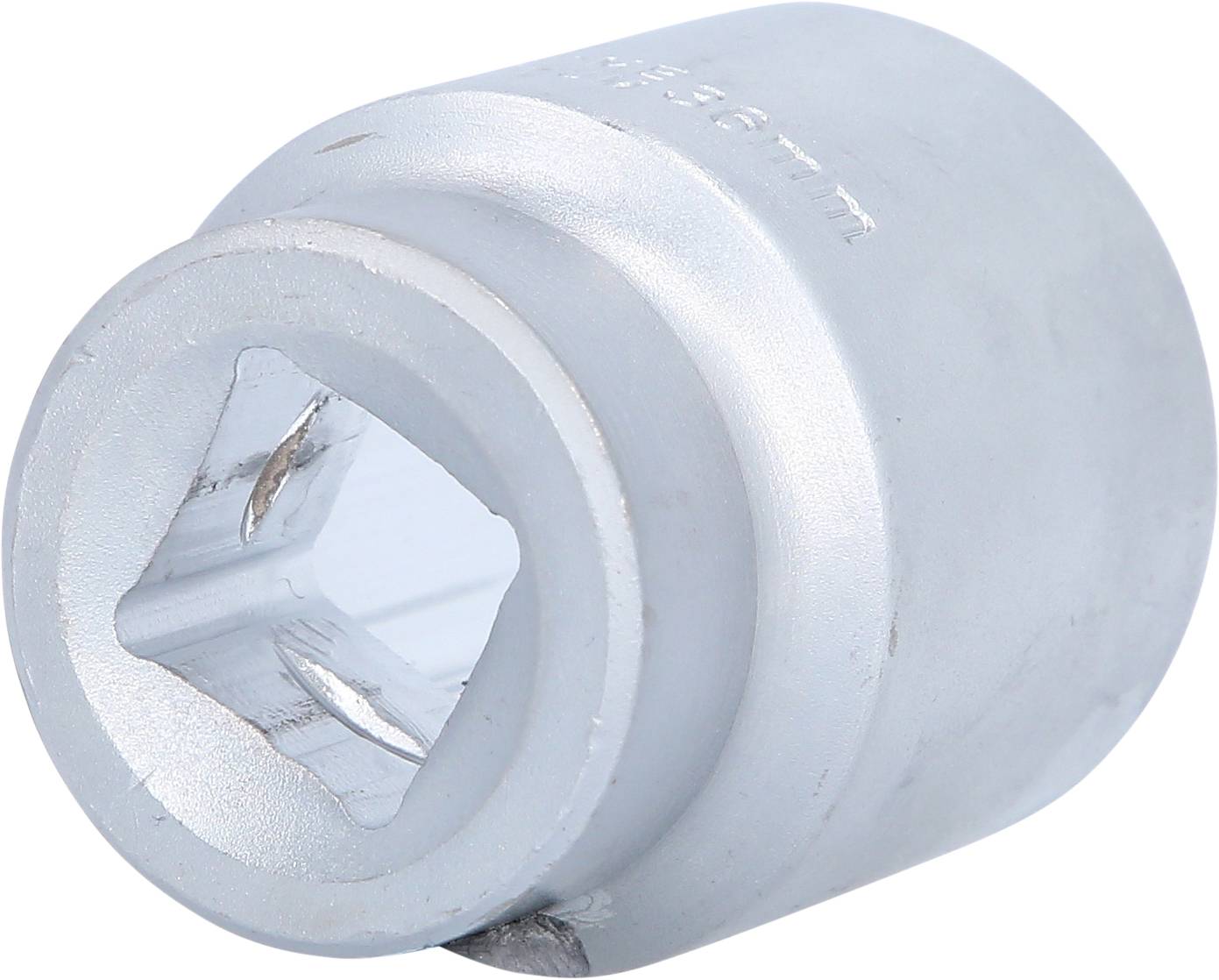 Metal socket adaptor, silver-coloured, with square opening, suitable for ratchets or spanners.