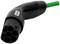Black charging plug for electric vehicles with green cable; shows six connection openings for charging at a charging station.
