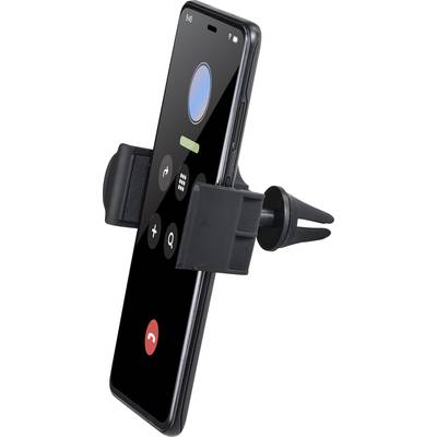 A mobile phone in a car mount attached to an air vent. The screen displays an active telephone call with control buttons.