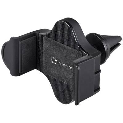 Black mobile phone holder for the car, attachable to the air vent. Suitable for various smartphone sizes.
