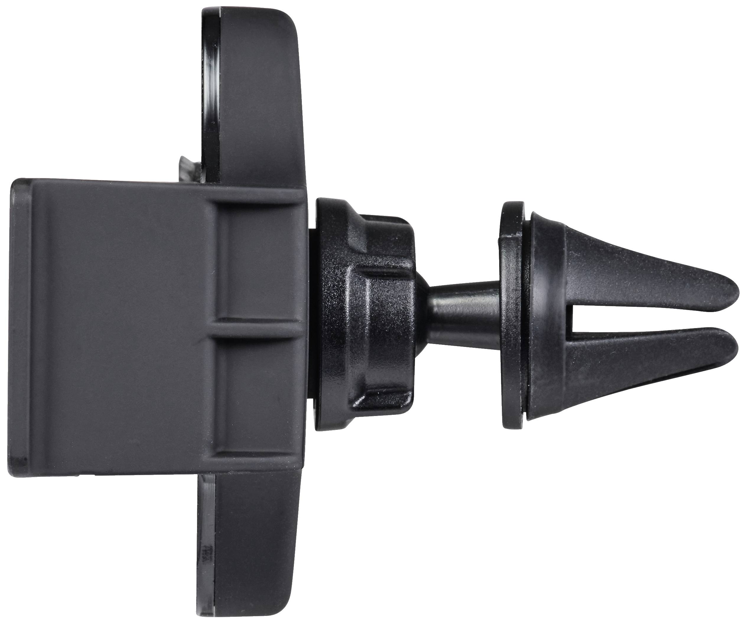 Car air vent mobile phone holder, black, with adjustable clips for attaching to vehicle air vents.
