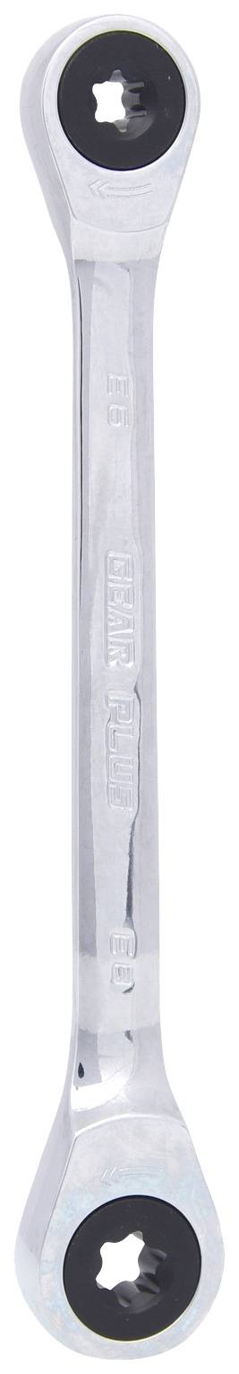 A silver-gleaming ratchet ring spanner with two ends for different screw sizes, suitable for screw-related work.