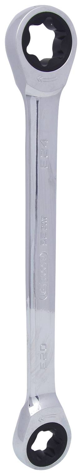 A double-ended metal ratchet spanner with six-pointed openings at both ends, suitable for screw work.