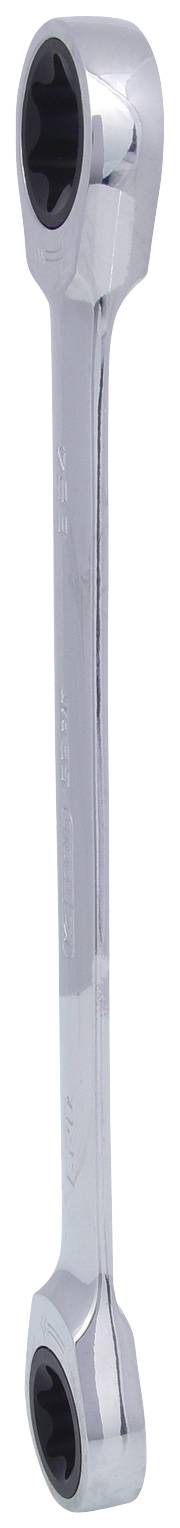 A chrome-plated ring spanner with two differently sized ends for tightening and loosening nuts and bolts.