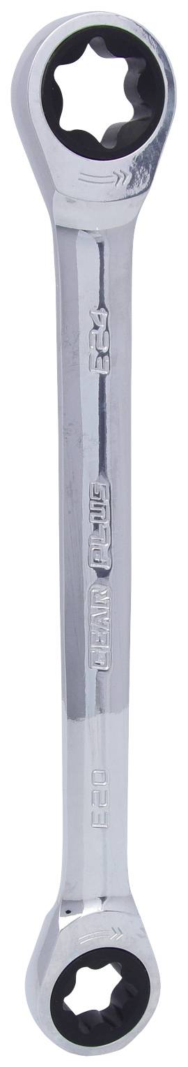 A double-sided spanner with oval ends for Torx screws, silver in colour and manufactured from metal.