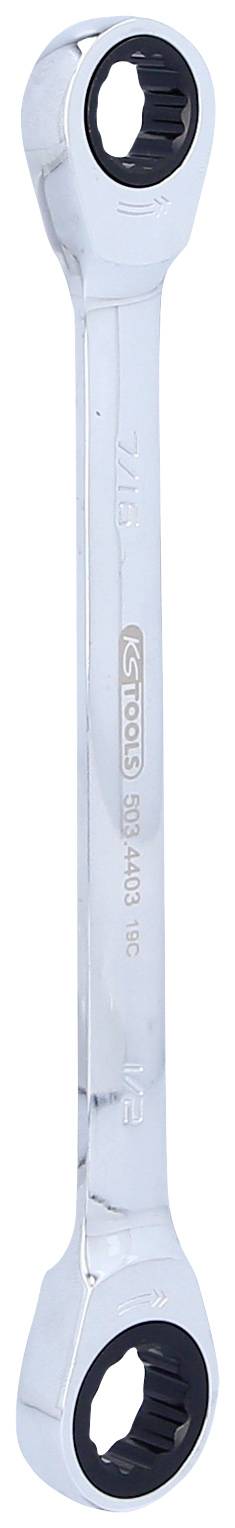 A silver ring key with two open ends, both dyed in black.