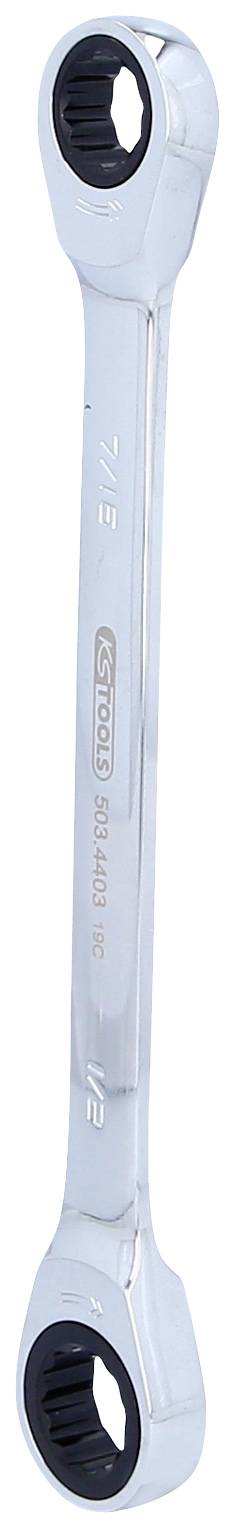 Metal spanner with two hexagonal heads of different sizes at each end. Silver finish, suitable for tightening screws.