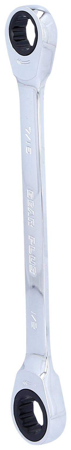 A silver ratchet ring spanner with two differently sized open ends.