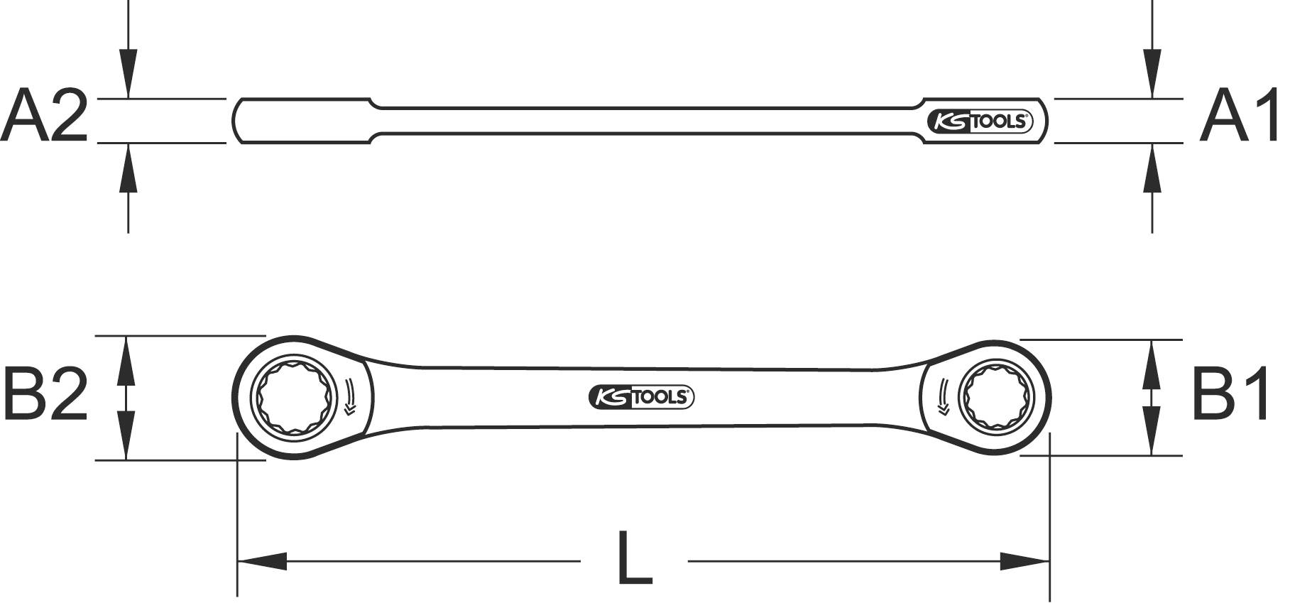 Double-sided combination spanner with dimensions: A1, A2, B1, B2, and length L. Tool with KS Tools logo, technical drawing.