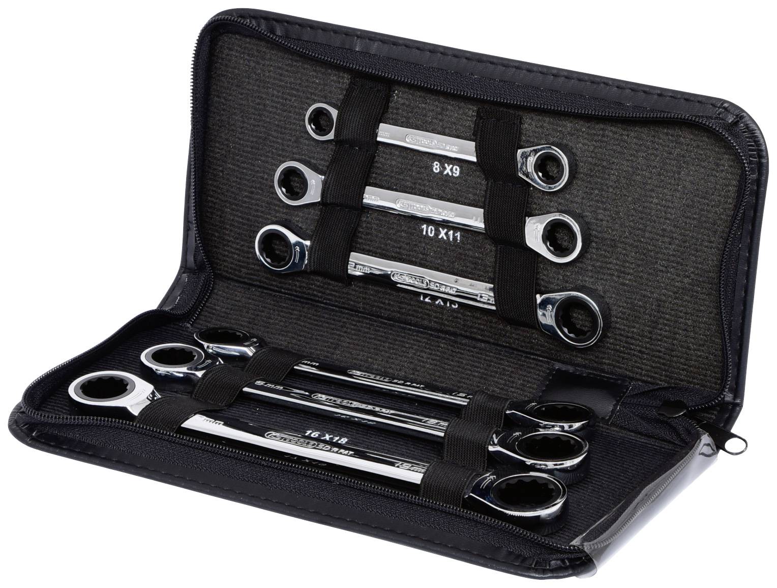 An open case with six spanners in various sizes, securely fastened by elastic bands.