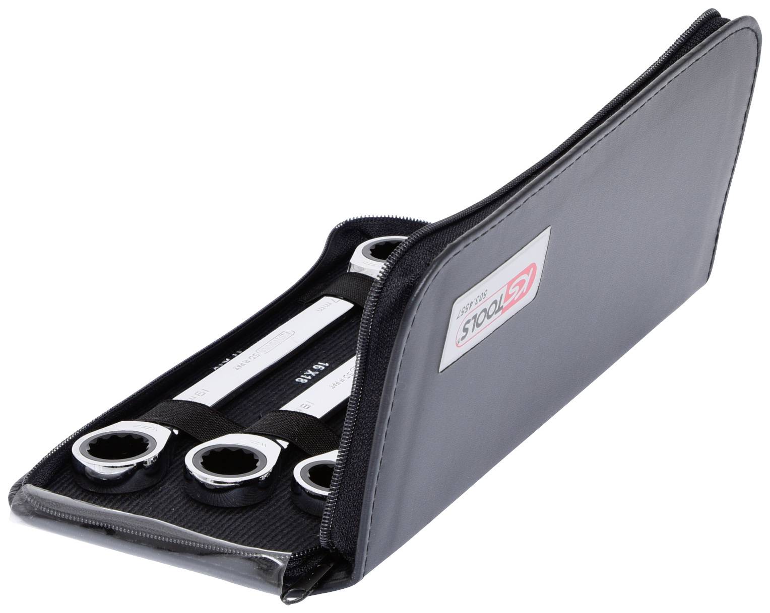 An open grey case with four chrome-plated ring keys, organised in elastic holders, partially visible.