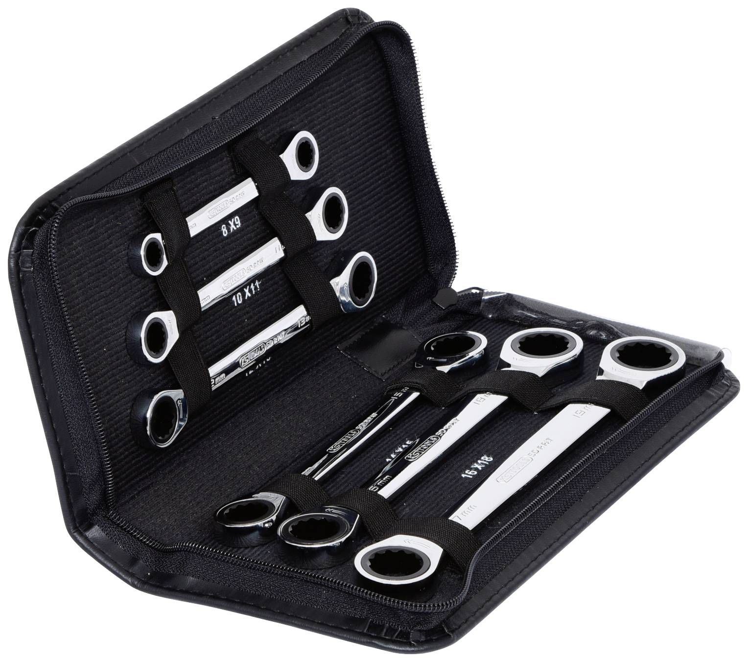 An open black case containing several ring and open-ended spanners in various sizes, held in elastic loops.
