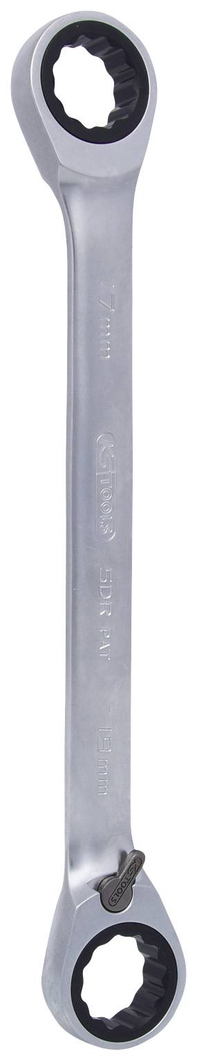 A silver ratchet ring spanner with two differently sized ends, suitable for various nuts or bolts.