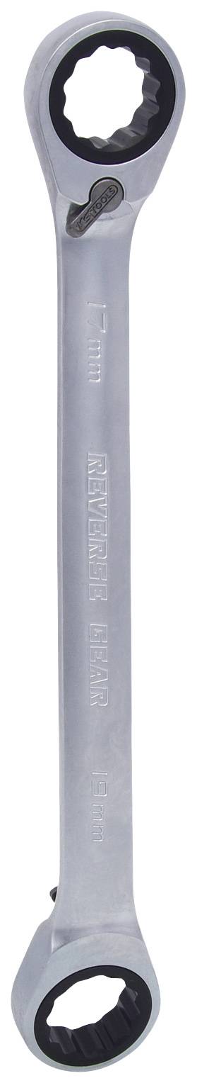 A metal adjustable double open-ended spanner with two ratchet heads in different sizes, for versatile screw and nut work.