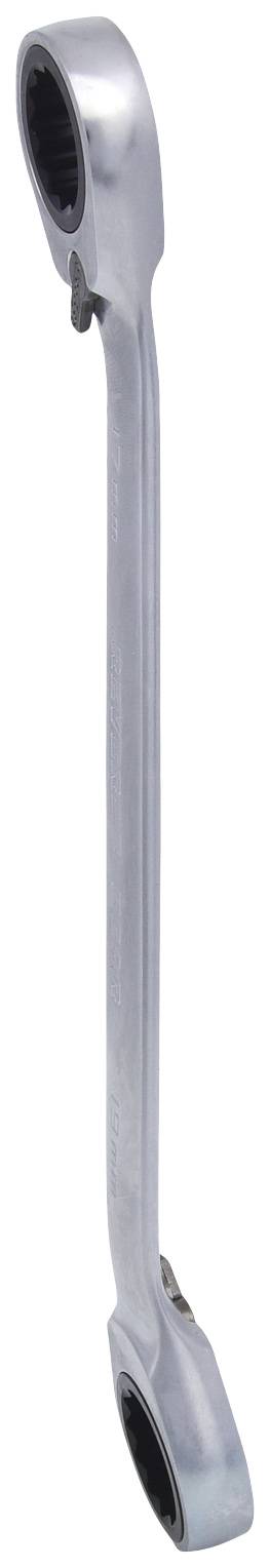 A silver ring spanner with a ratchet mechanism, slightly curved design. Ideal for mechanical work and hard-to-reach areas.