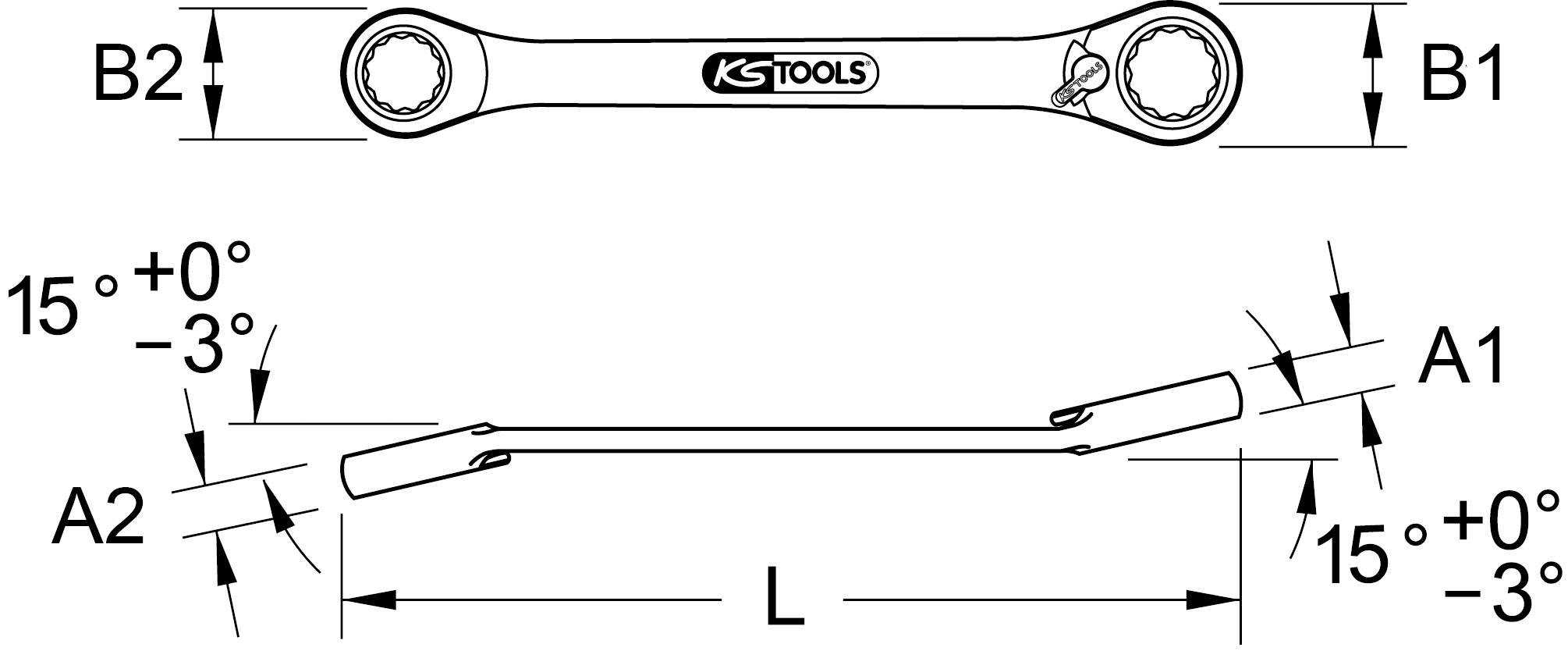 'Double-sided open-end spanner with dimensions: B1, B2, A1, A2, L. Side inclination angles of 15°/-3° and 15°/+0° stated.'