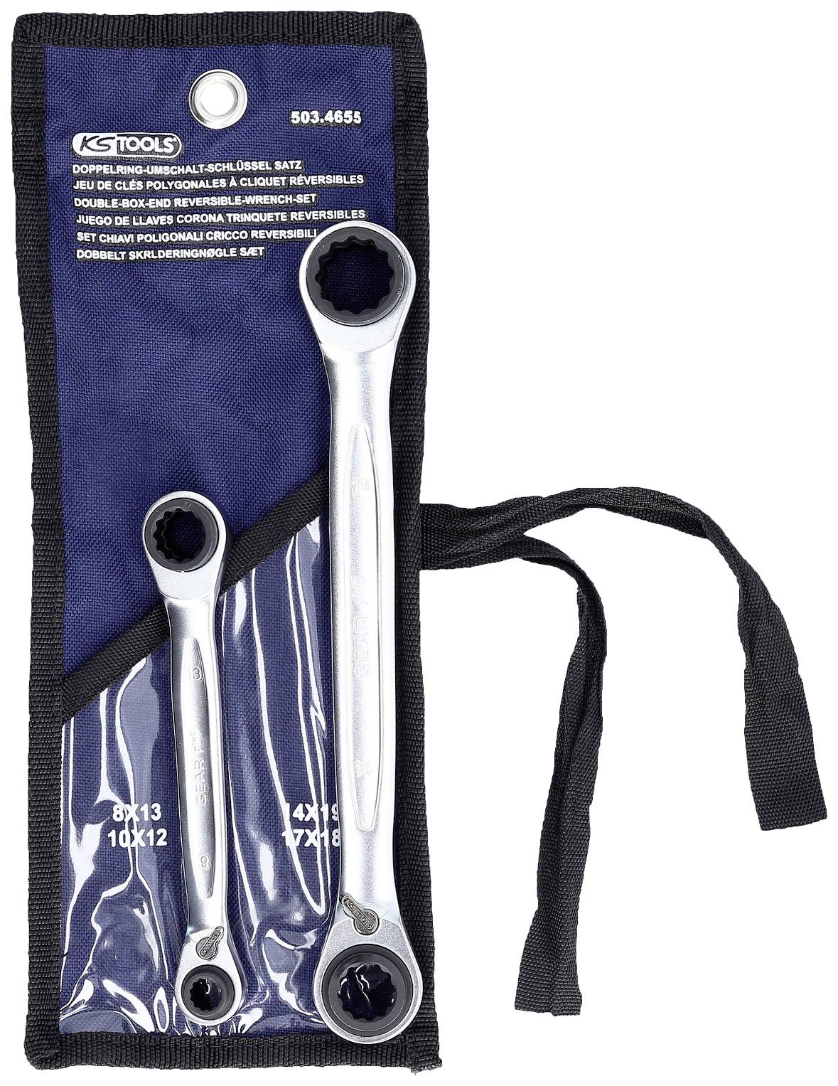 'Set of two ring spanners in blue fabric bag, labelled with size specifications 8x13, 10x12 and 4x14, 17x18.'