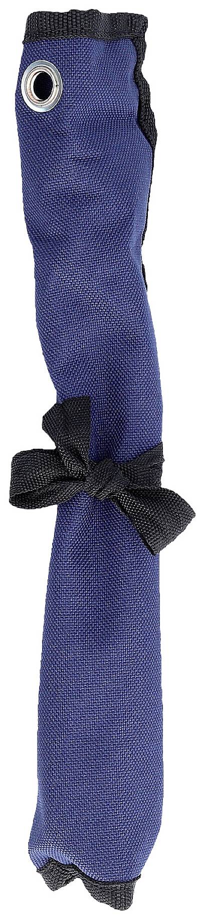 A navy blue, oblong fabric bag with a black ribbon and metal ring at the top.