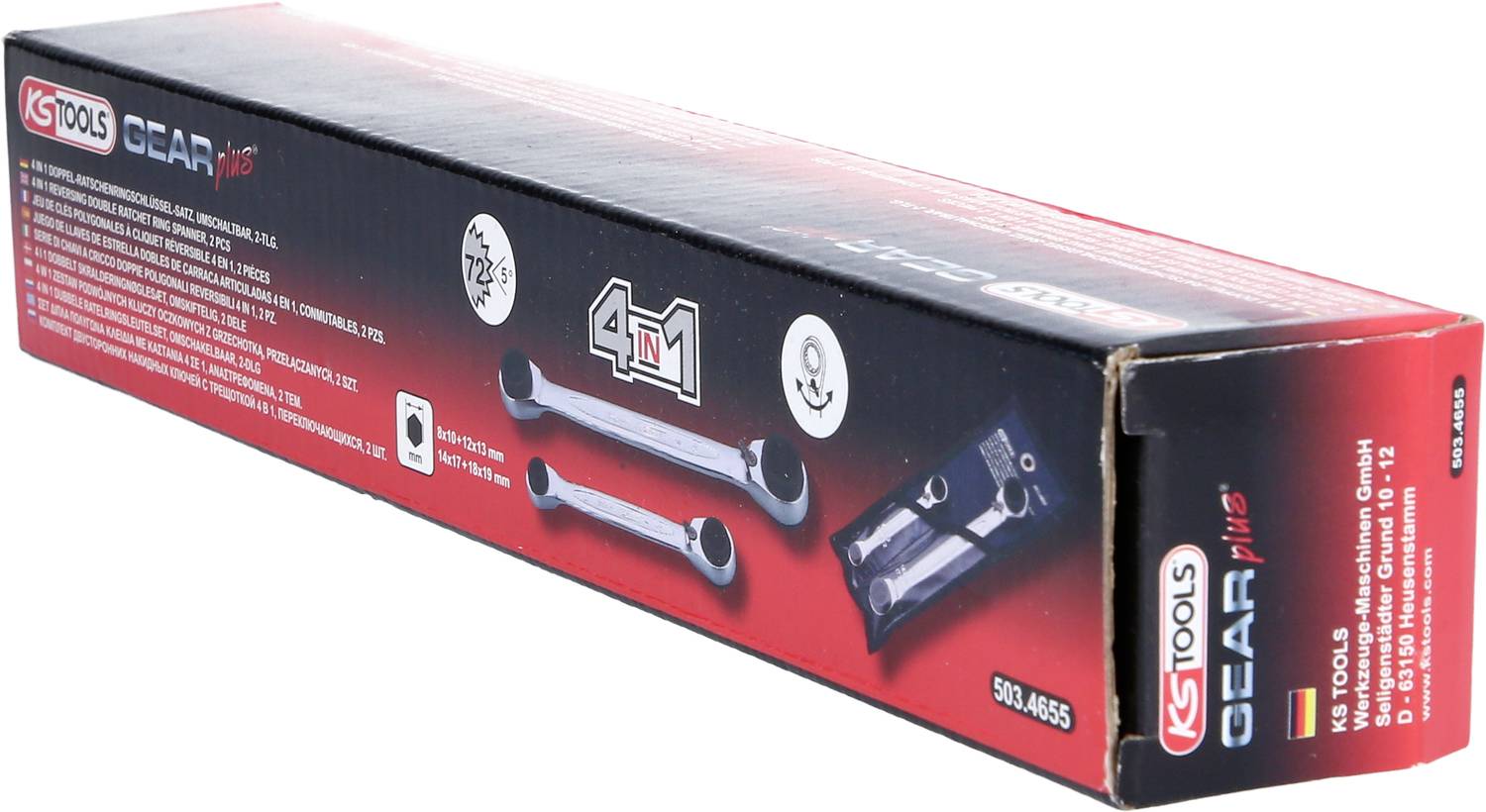 A package containing two combination spanners. Printed with 'KS Tools' and 'GearPlus'. Product details and logos are visible.