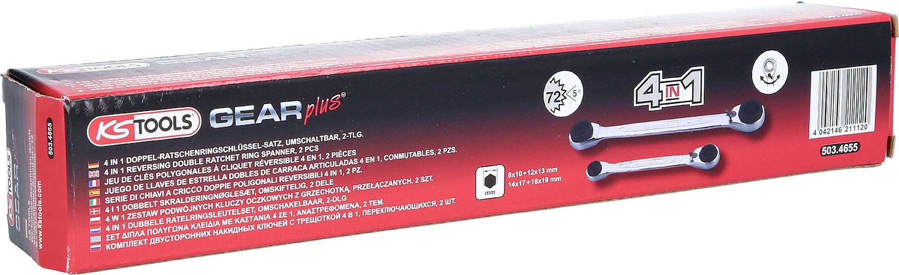 Packaging for KS Tools GEARplus Ratchet, showing two ratchets, highlighted features '4 in 1', '72 teeth', multilingual descriptions.