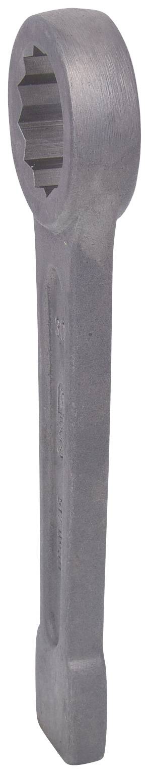 A large, metallic double-ended spanner with a hexagonal opening, primarily used for heavy mechanical work.