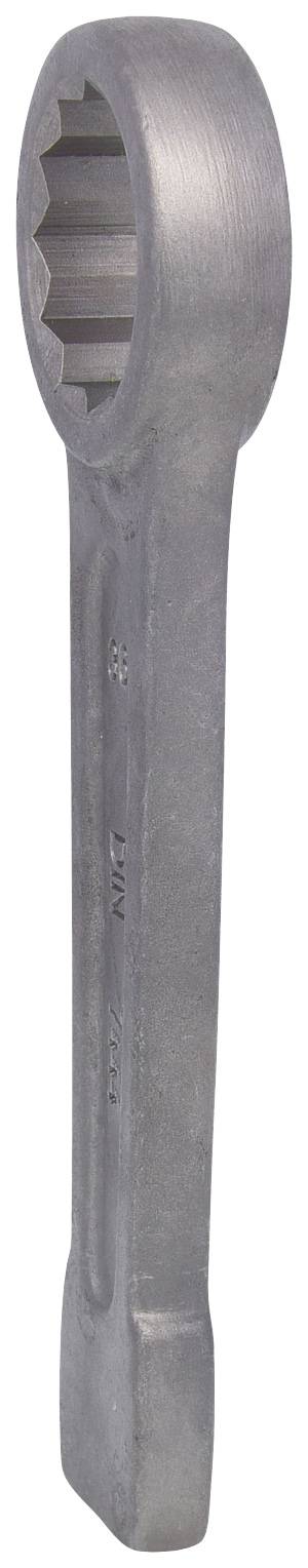 A silver ring spanner, vertically aligned, with a fluted end. Tool for applying torque to nuts and bolts.