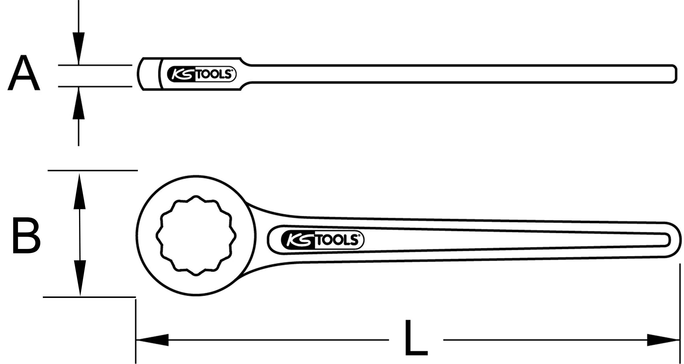 'Technical drawing of a spanner showing dimensions A and B, and length L.'