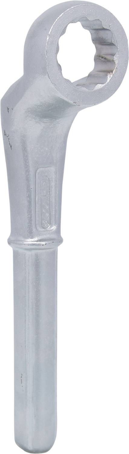 A silver ring spanner with a ribbed handle and star-shaped opening, used for tightening or loosening nuts and bolts.