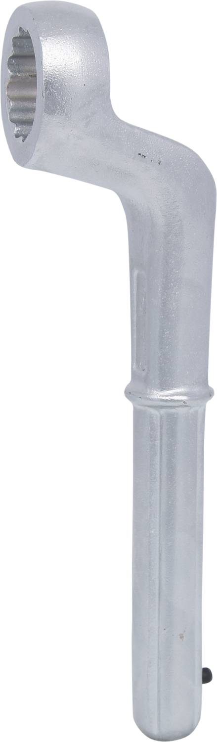 Metal box spanner with a rectangular opening and angled handle. Used for tightening or loosening threaded connections.