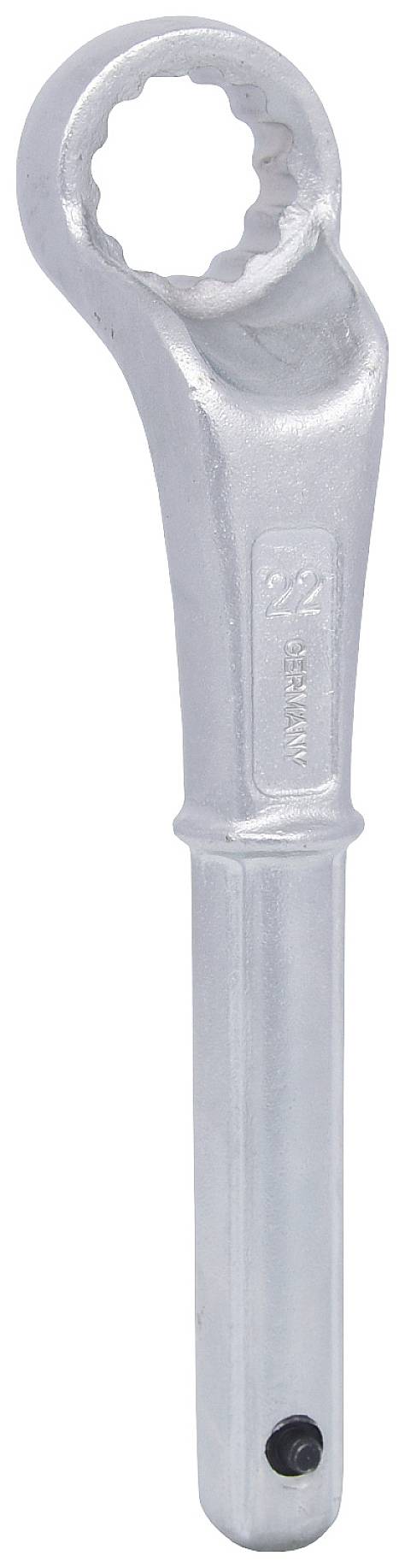 A silver ring spanner with a round, toothed opening, suitable for tightening screws or nuts.