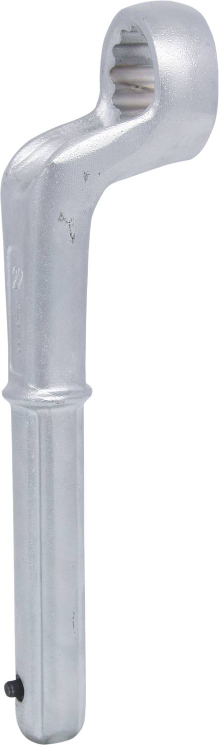 A silver-coloured ring spanner with a long handle, specifically designed for hard-to-reach threaded connections.