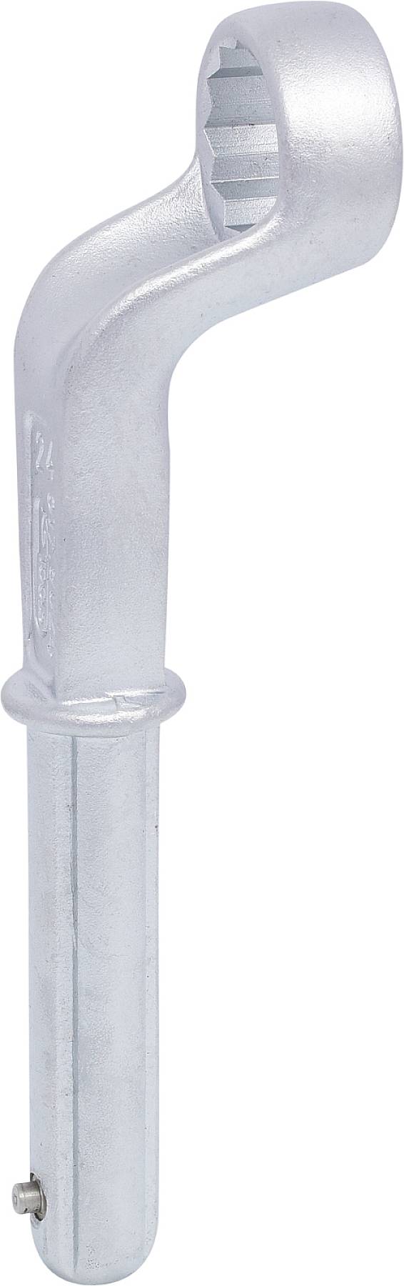 Metal key with a bent head, hexagonal opening. Tool for torque transmission on hard-to-reach screws.